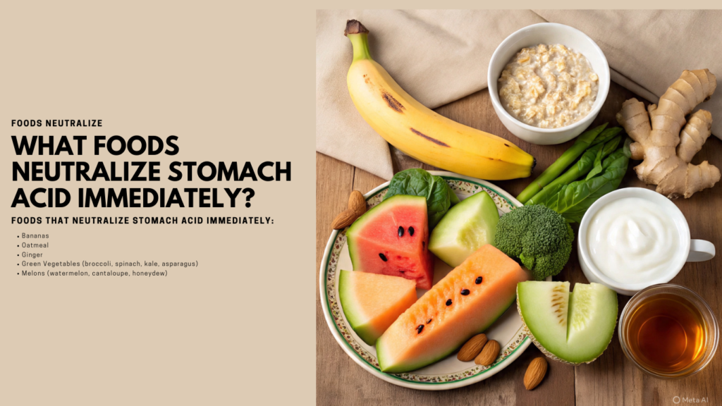 foods that neutralize stomach acid immediately: Bananas Oatmeal Ginger Green Vegetables (broccoli, spinach, kale, asparagus) Melons (watermelon, cantaloupe, honeydew) Yogurt (low-fat, probiotic-rich) Almonds Herbal Teas (chamomile, licorice root)