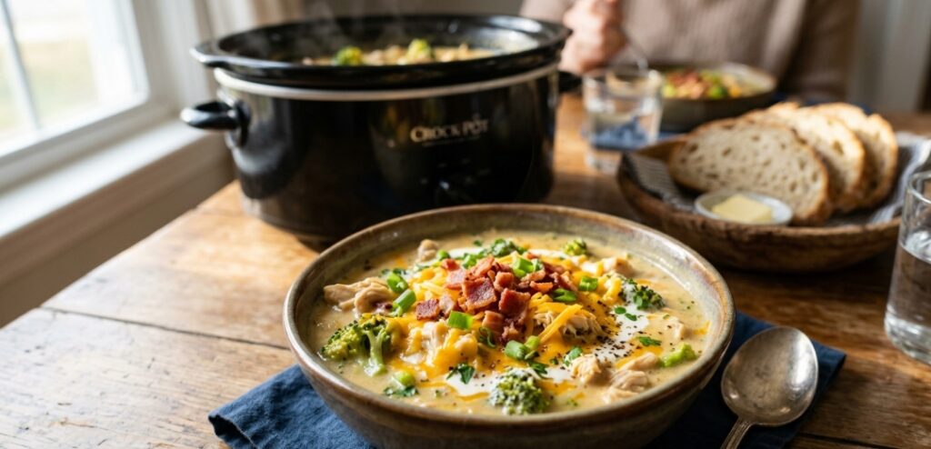 Slow Cooker Chicken Bacon Broccoli Cheddar Soup Recipe
