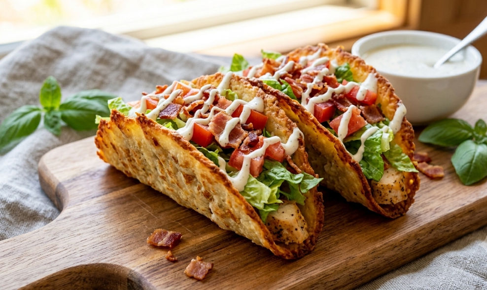 High-Protein Crispy Chicken Shell BLT Tacos
